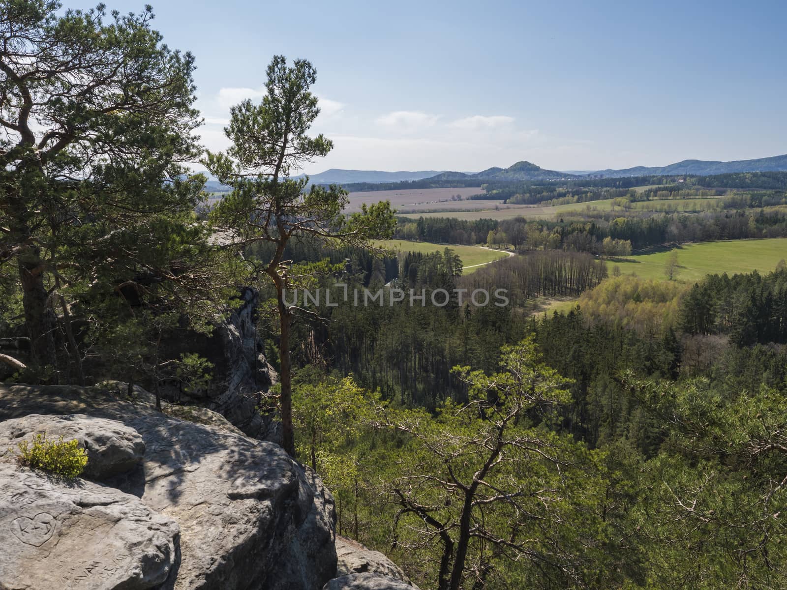 Spring landscape in Lusatian Mountains view from sandstone rocks, green hills, fresh deciduous and spruce tree forest. Blue sky background, horizontal, copy space by Henkeova