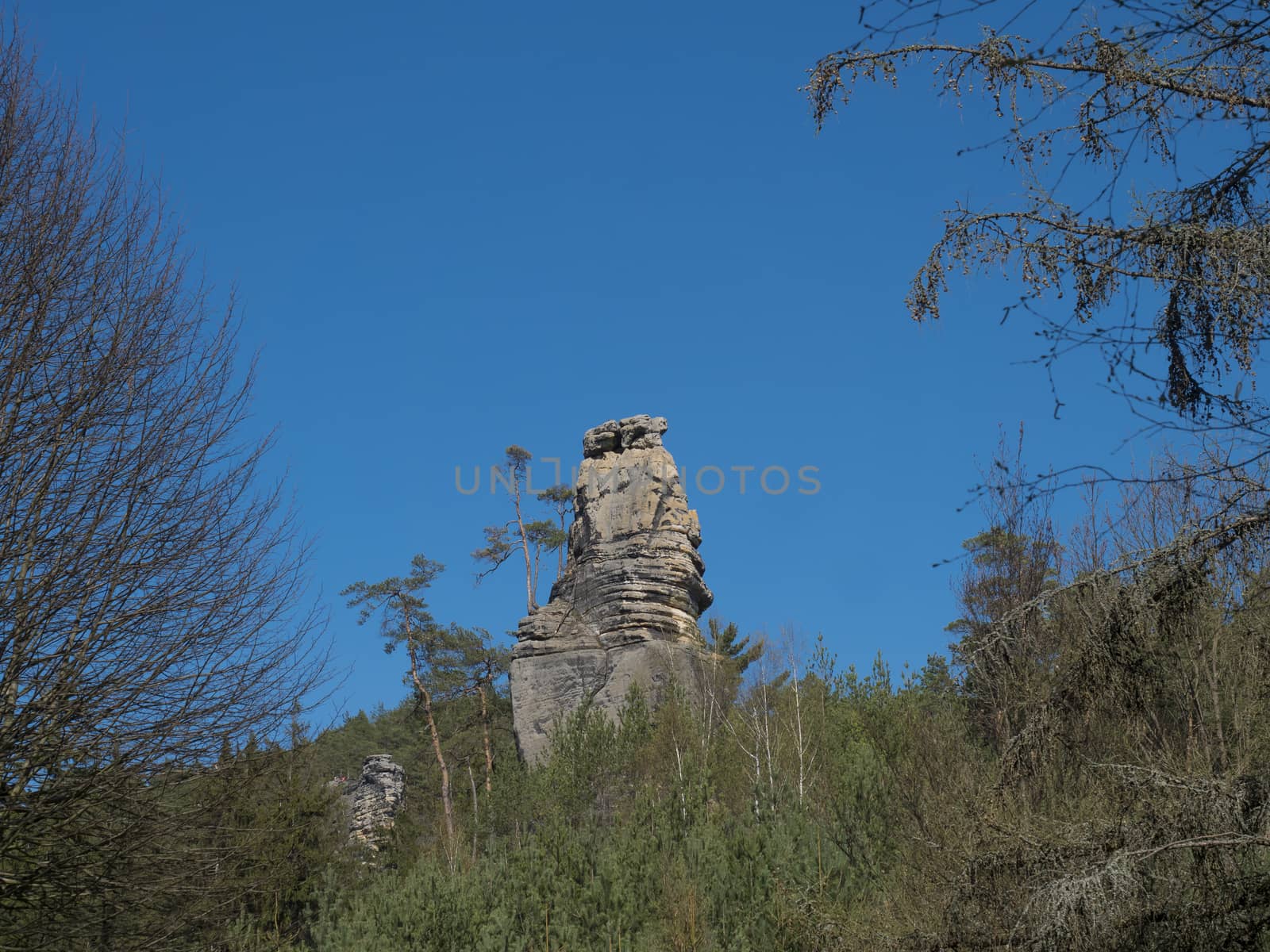 Sandstone rock pillar in spring landscape r Lusatian Mountains with fresh deciduous and spruce tree forest. Blue sky background, copy space.