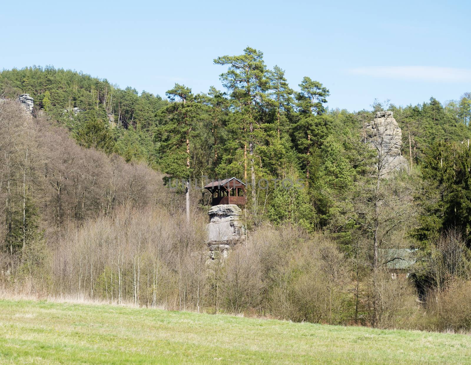 wooden gazebo, altan or summer house on top of Sandstone rock pillar in spring landscape with fresh pine and spruce tree forest. Blue sky background, copy space by Henkeova