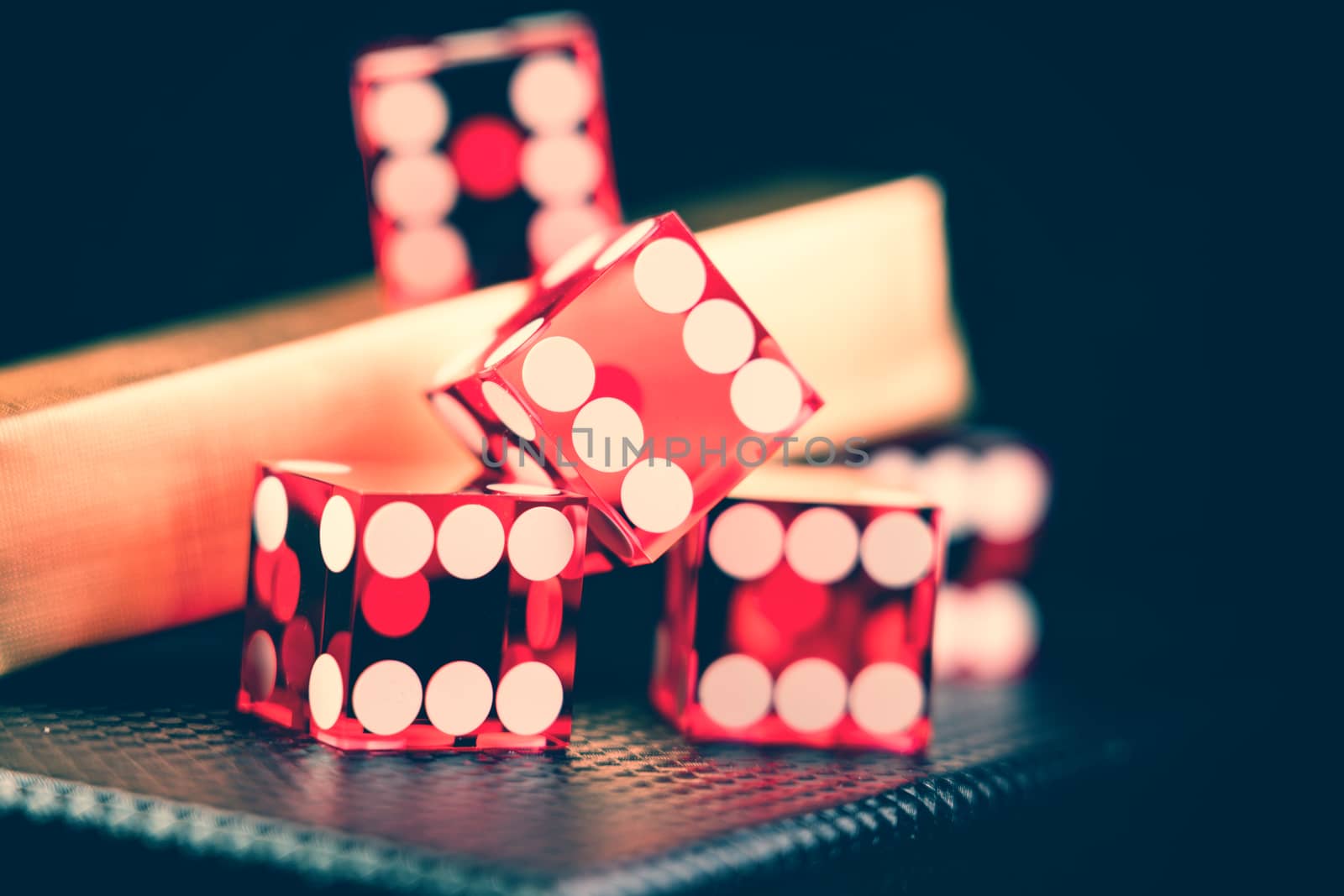 Real boxed Casino Craps dice close up - Shallow depth of field