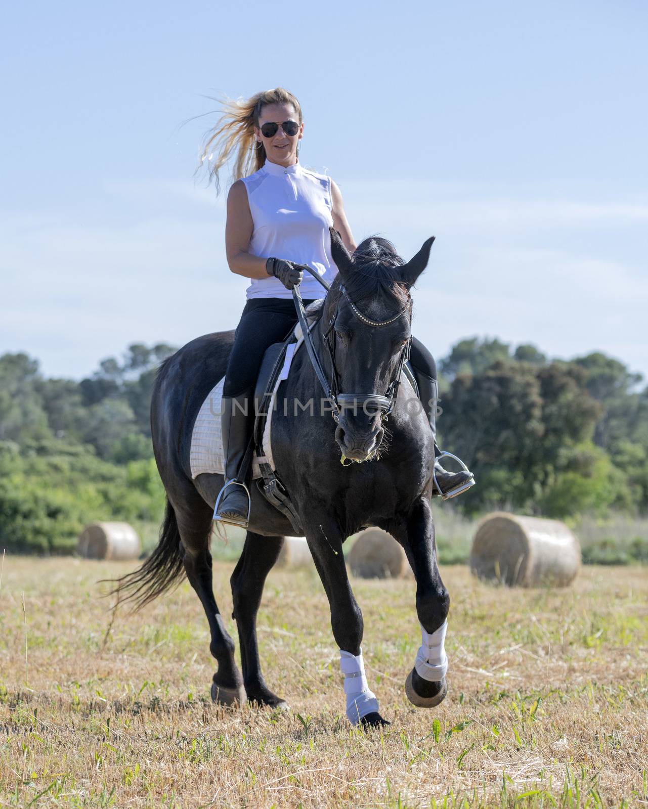  riding girl are training her black horse