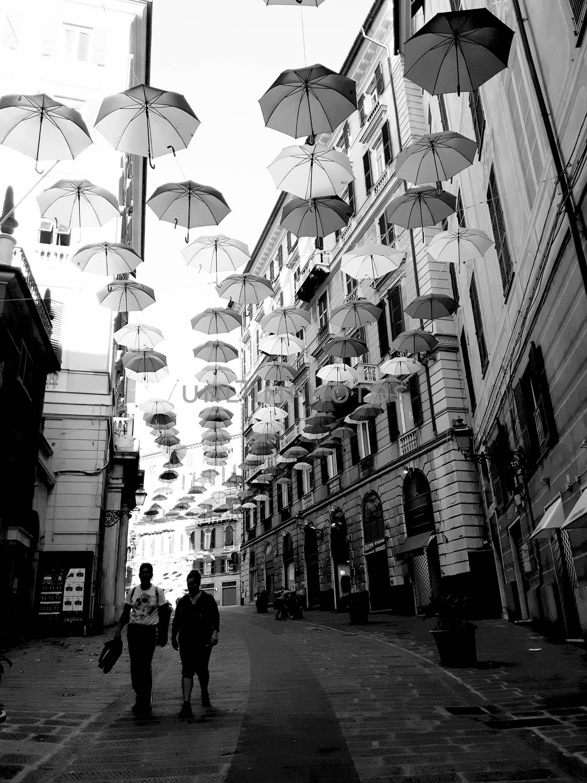 Genova, Italy - 06/01/2020: Bright abstract background of jumble of rainbow colored umbrellas over the city celebrating gay pride