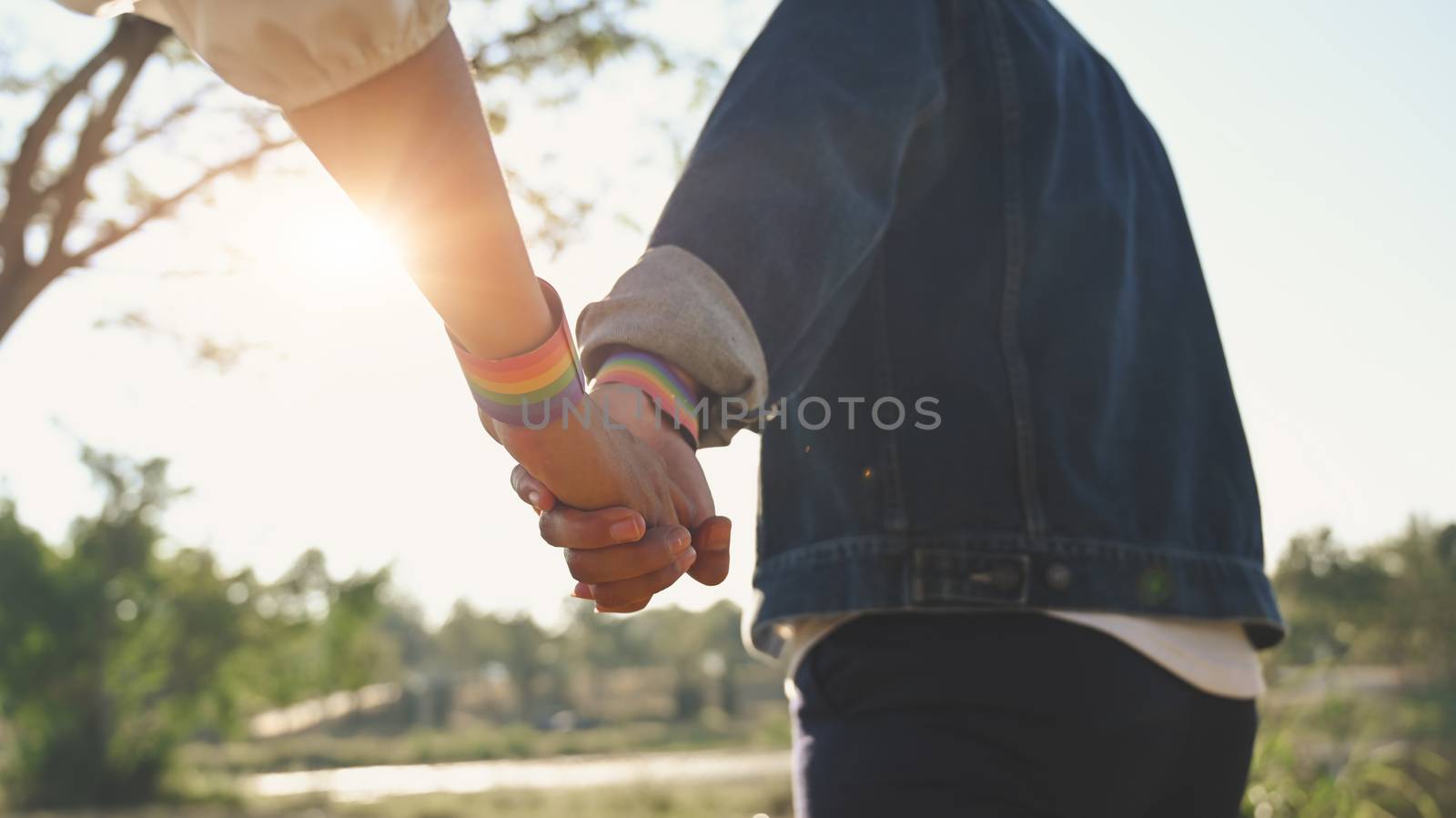 Cropped shot of LGBT while holding hand at park. LGBT happiness concept.