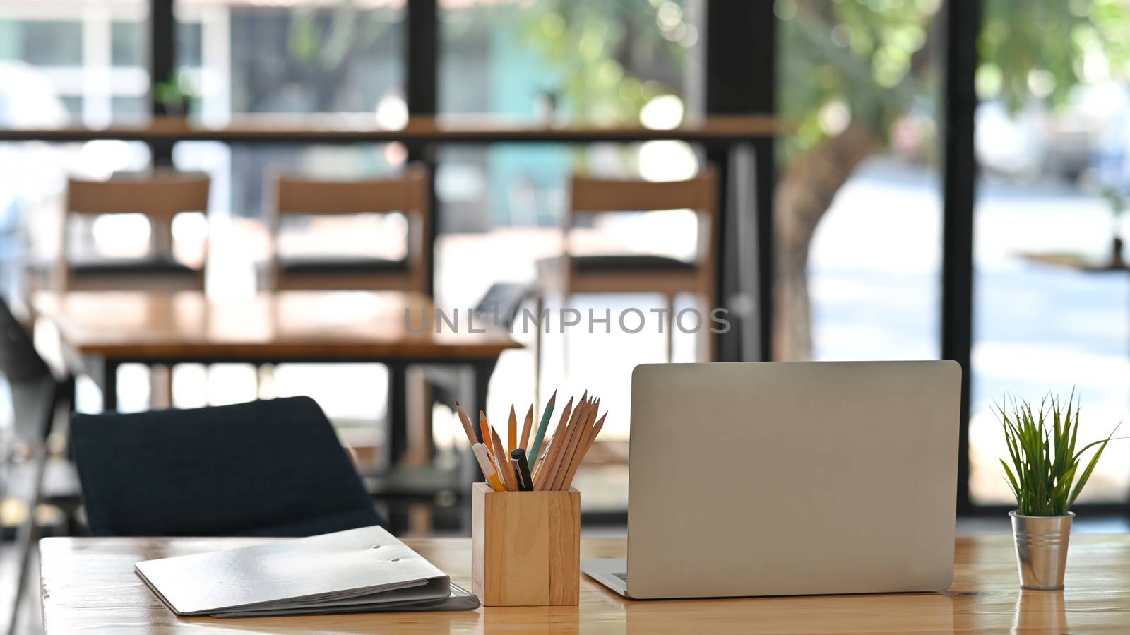 Cropped shot from behind of white laptop, pencil holder, document files, potted plant on a working desk.