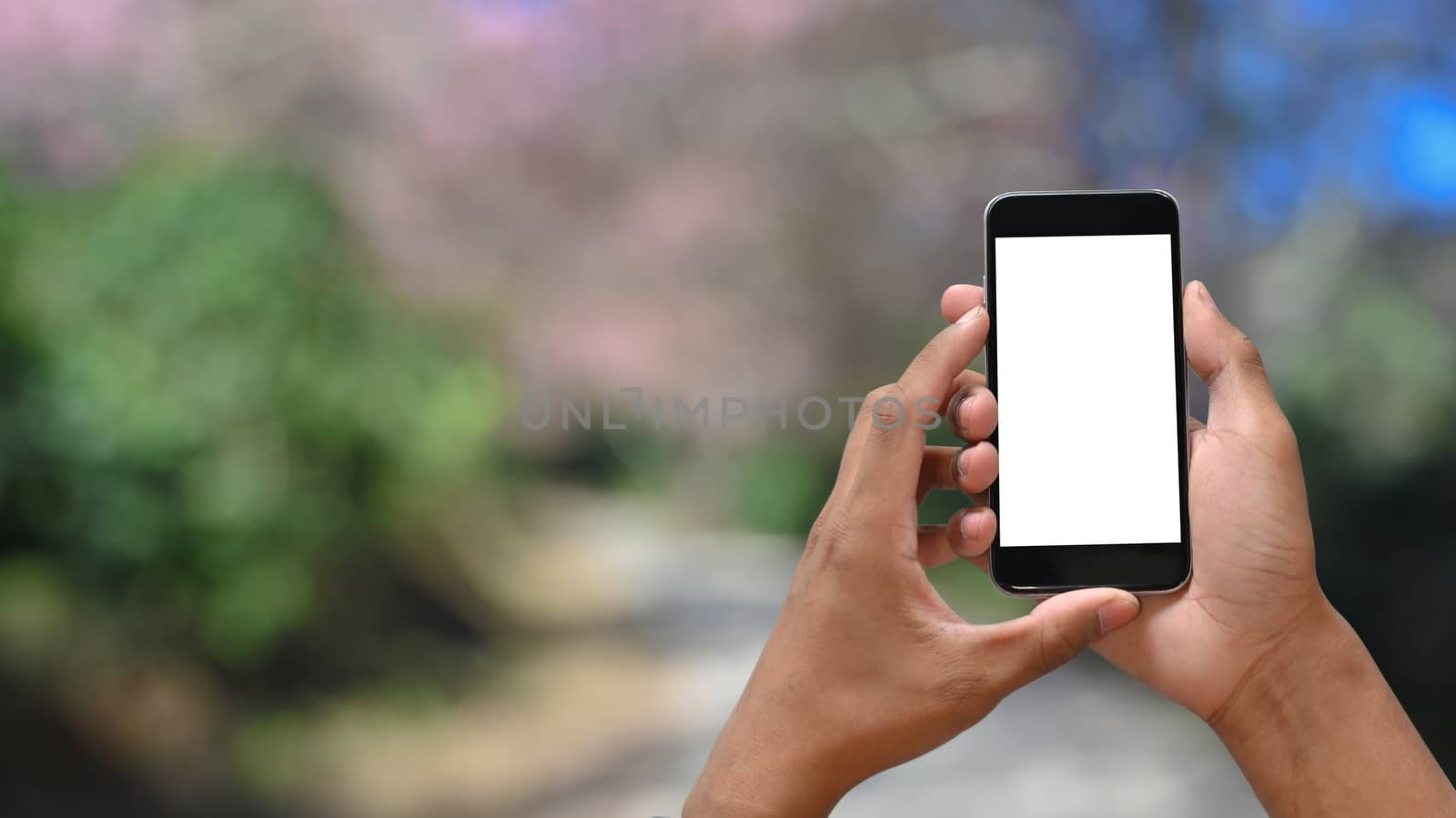 Photo of Man while holding white blank screen smartphone on saku by prathanchorruangsak