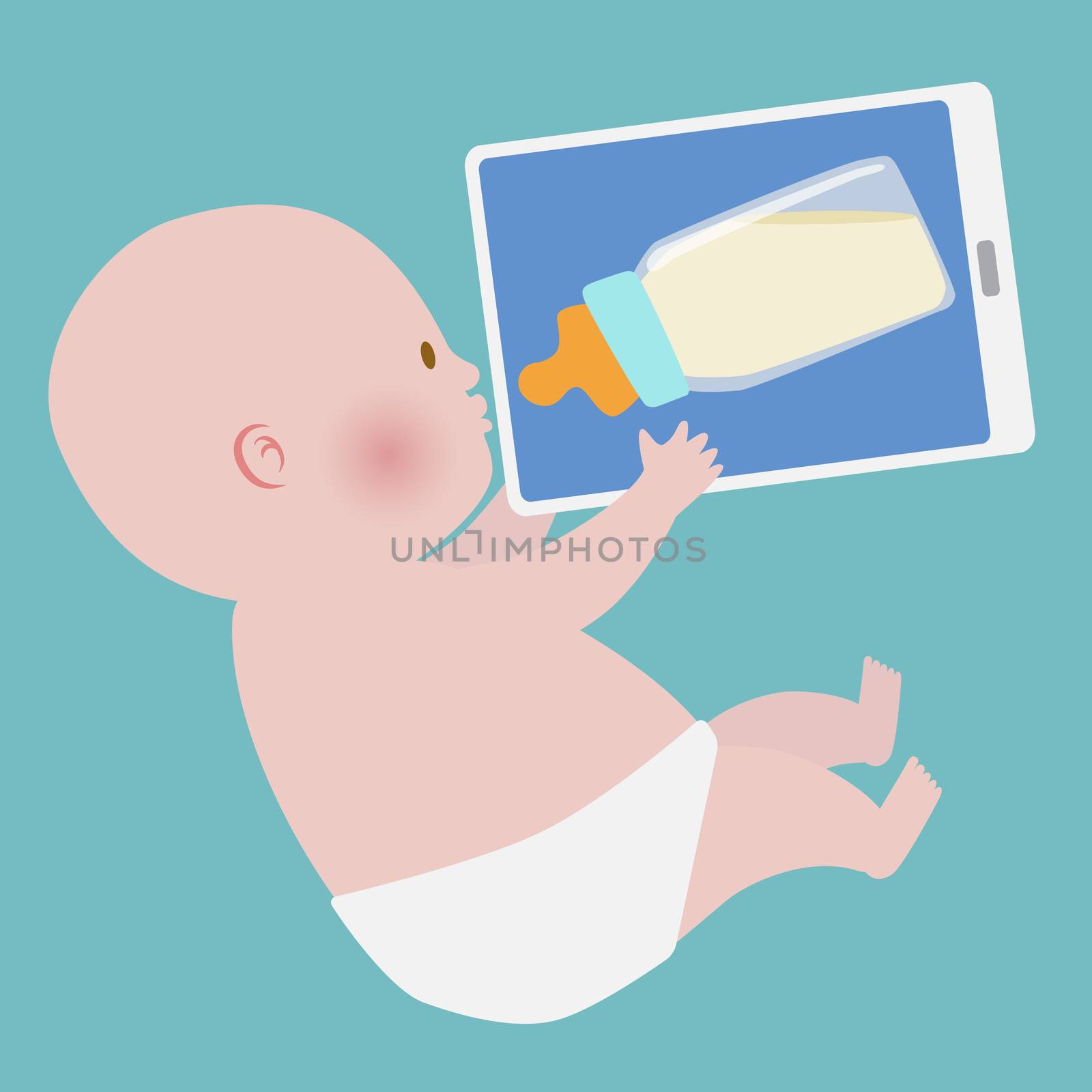 Baby holding white tablet with baby milk bottle on blue background screen
