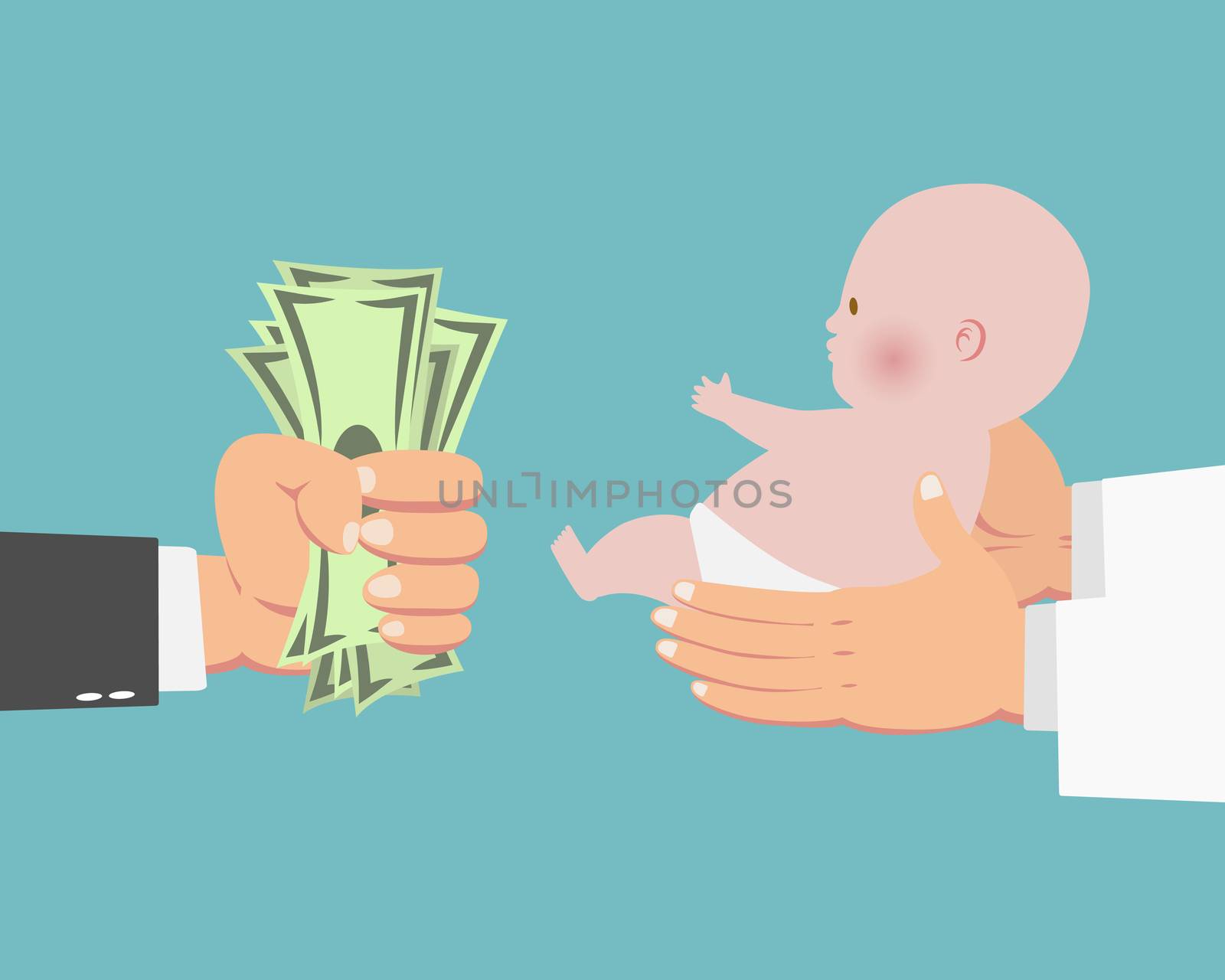 Hand of businessman with money and a baby in doctor's hands