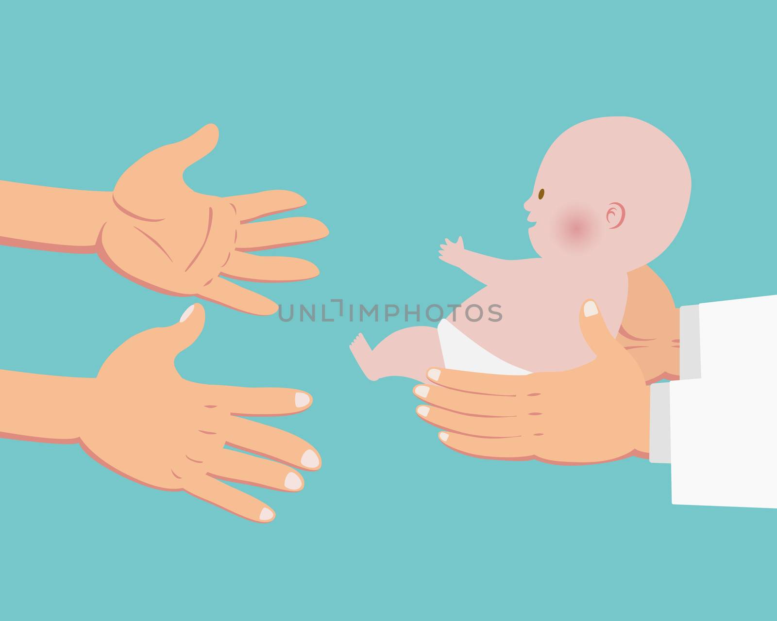 Hands of doctor giving a baby to parents hands isolated on cyan background