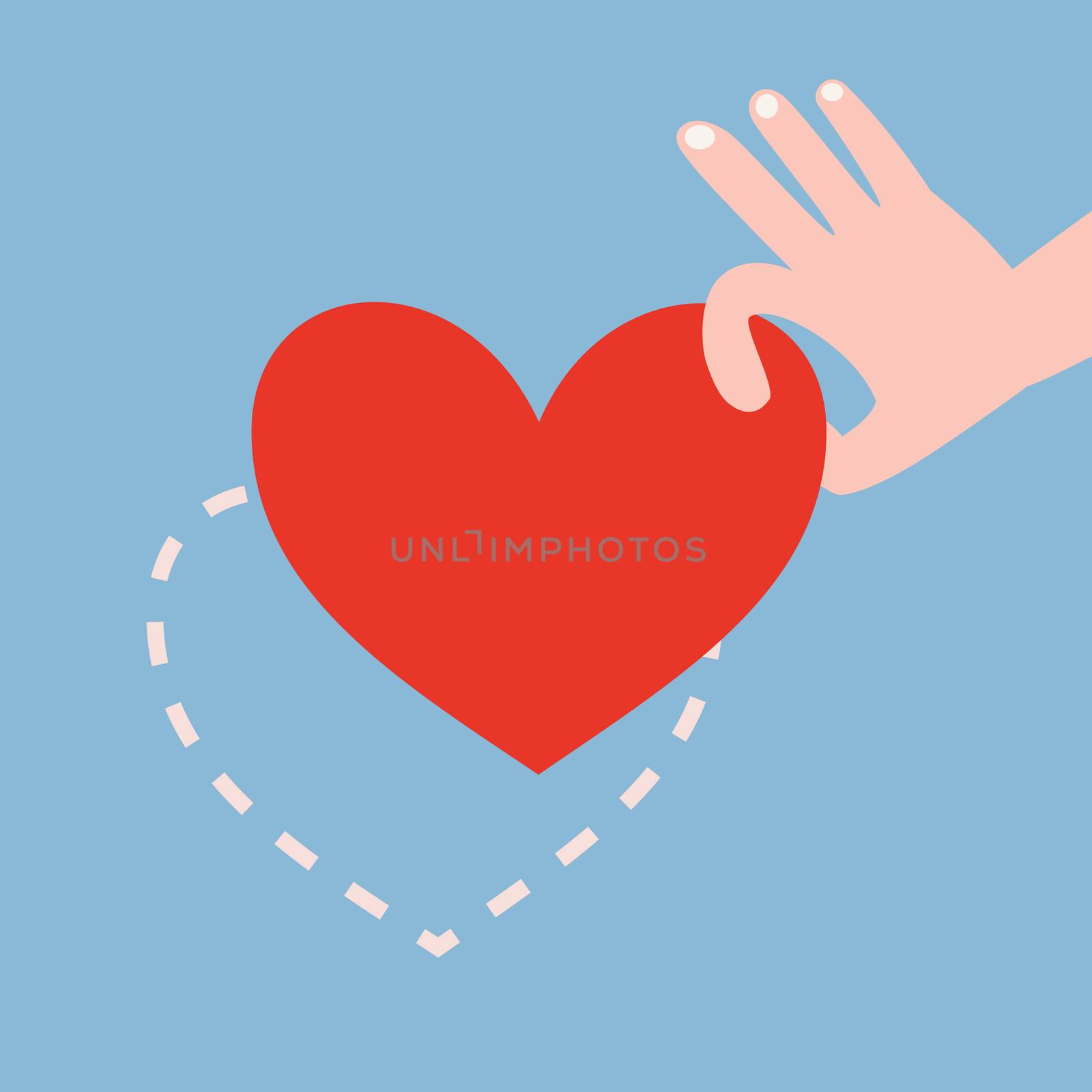 Hand picking up red heart on blue background with heart shape dash line