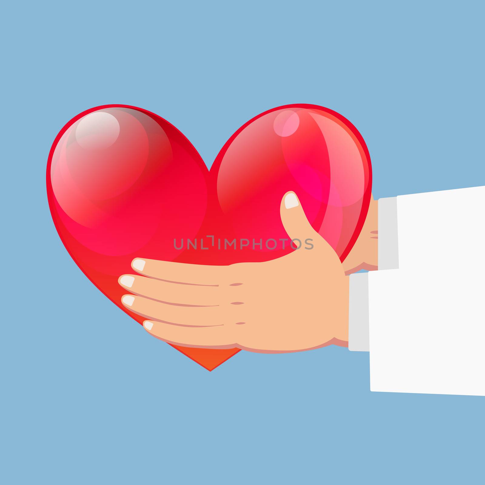 Close up of Hands holding red heart on blue background