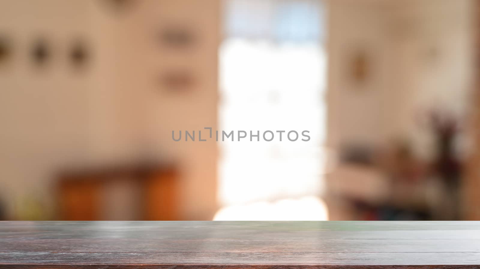 Montage wooden table in living room background with empty wood desk for present product.