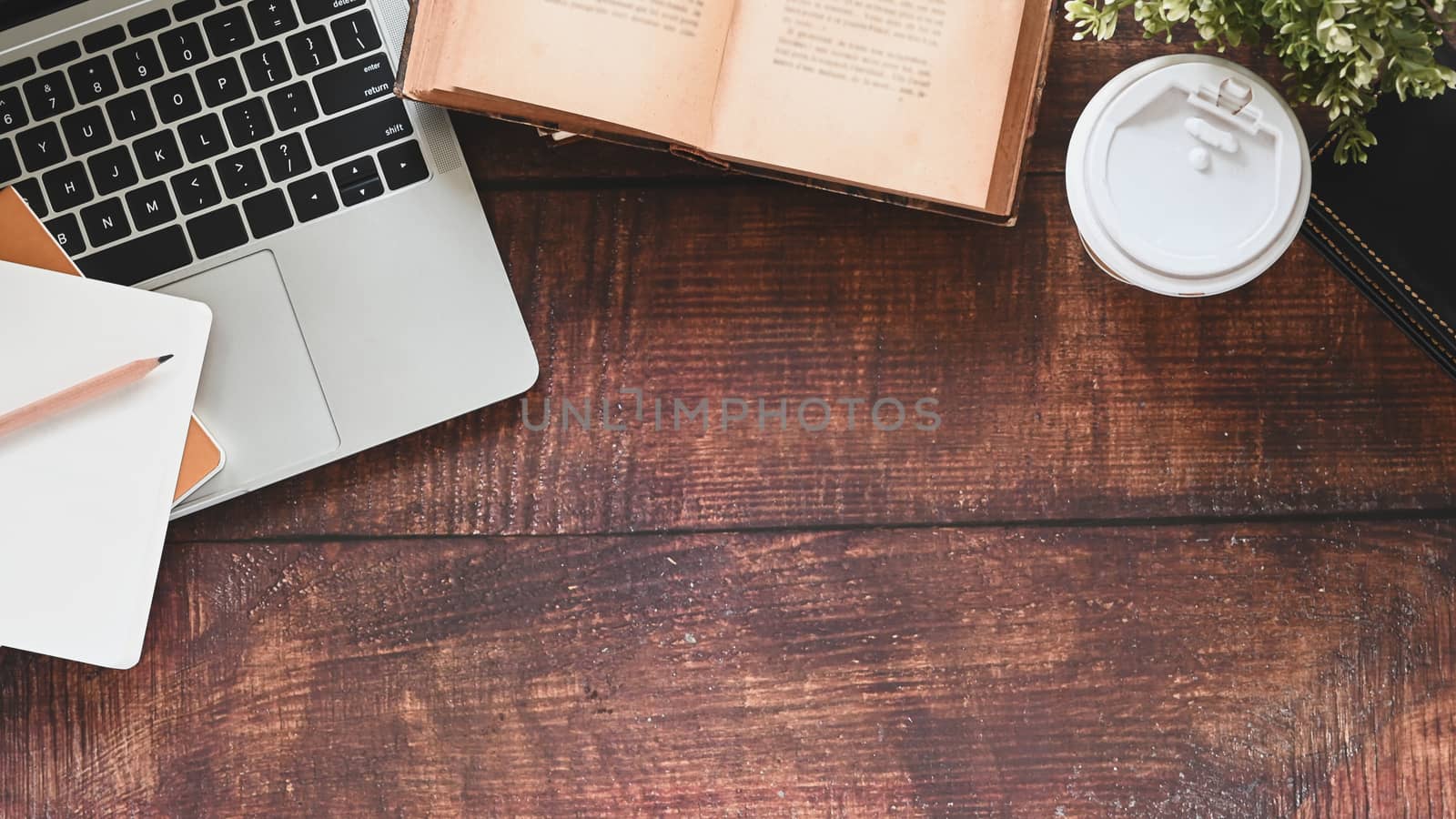 Close-up image of wooden table including book, pencil, coffee cup, potted plant, laptop and notebook.