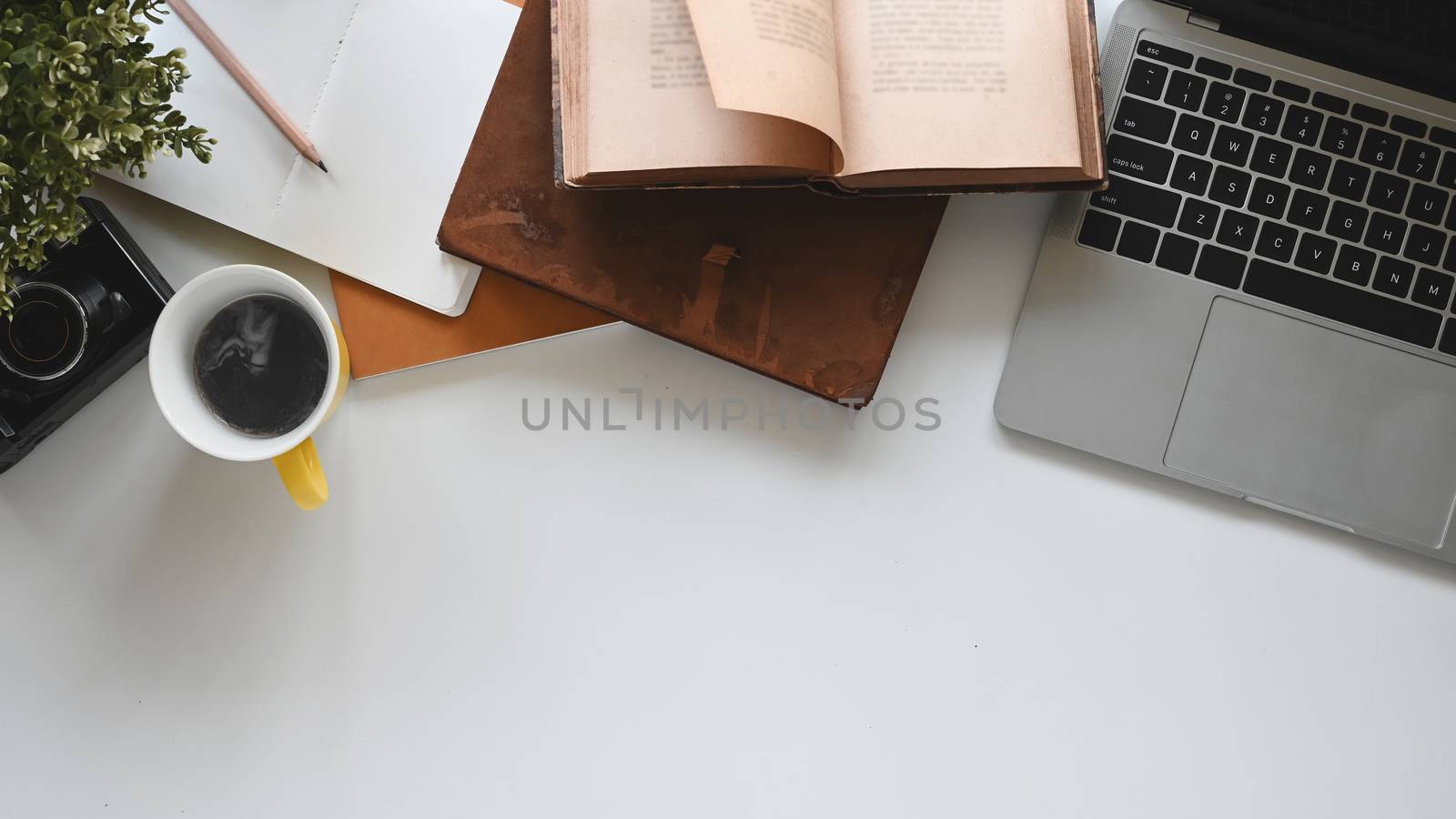 Modern office desk include laptop, camera, coffee cup, notebook, book, potted plant and pencil. Top view of office desk and office equipment.