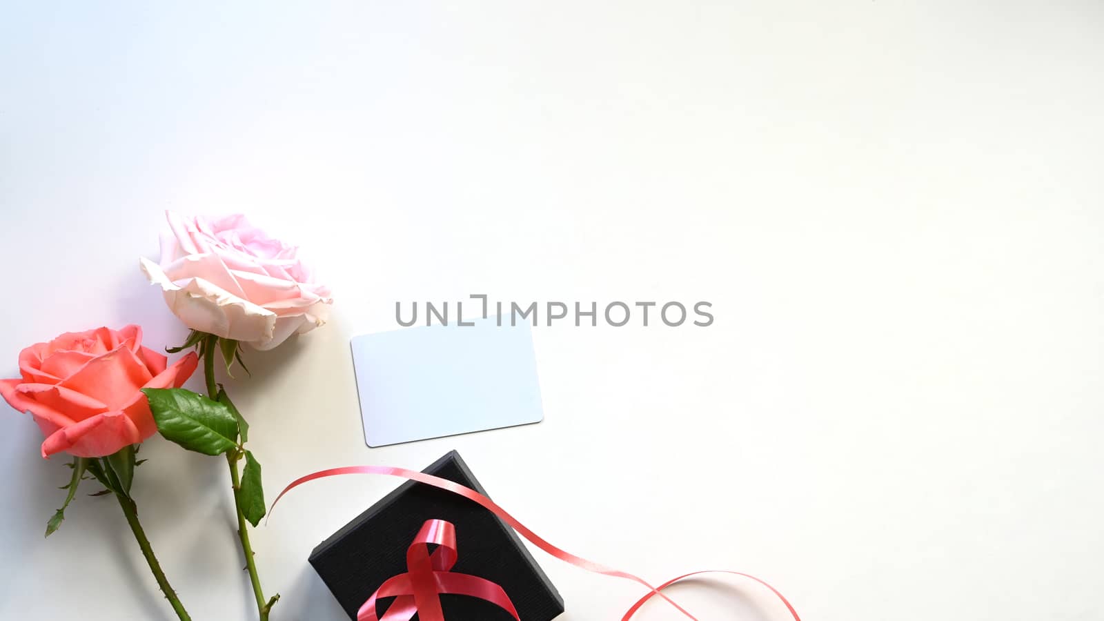 Top view copy space of pink and white rose close to black presen by prathanchorruangsak