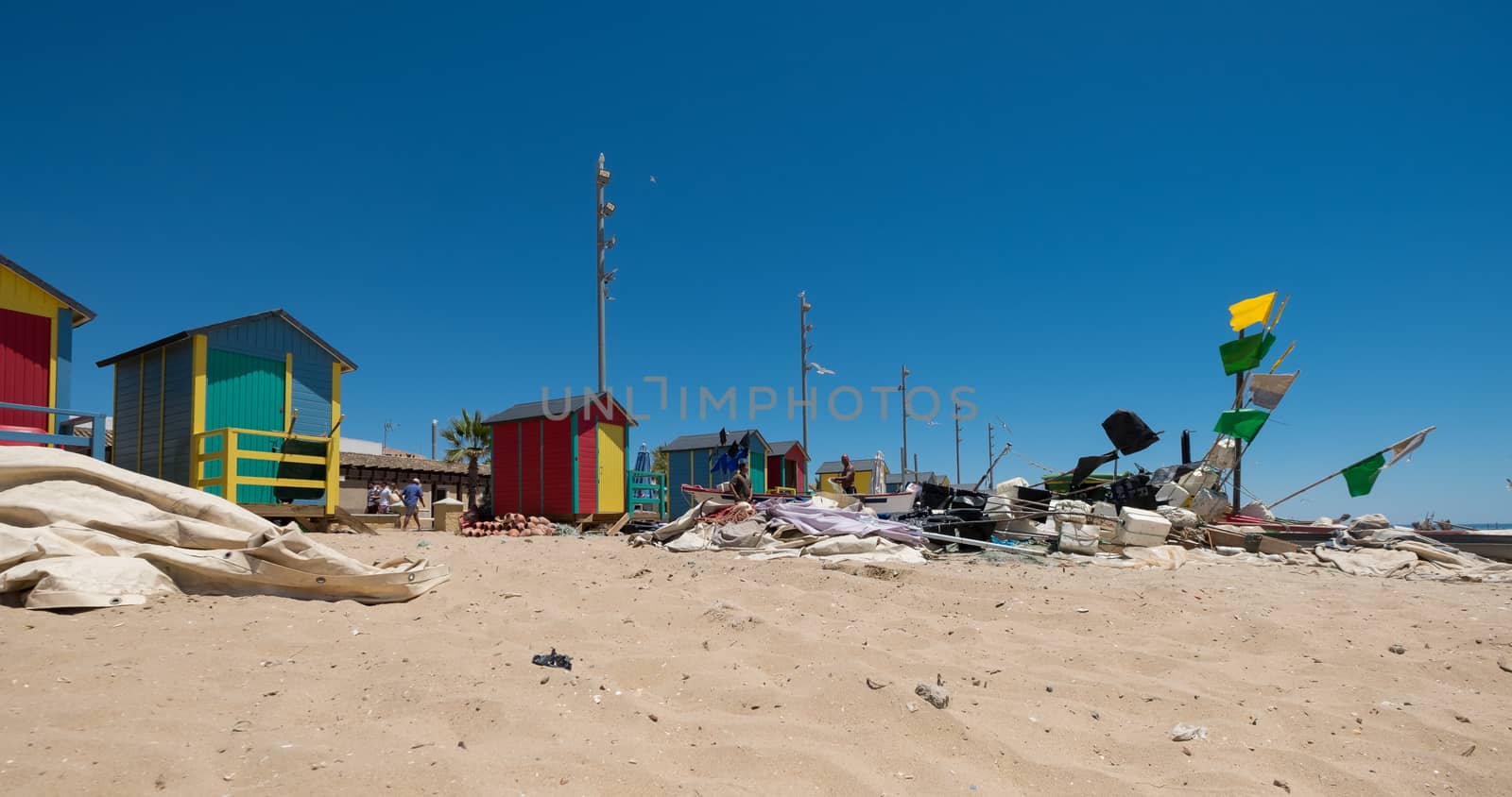 Typical fishermen's huts in the fishing village of La Antilla, in Huelva, Andalusia. Spain