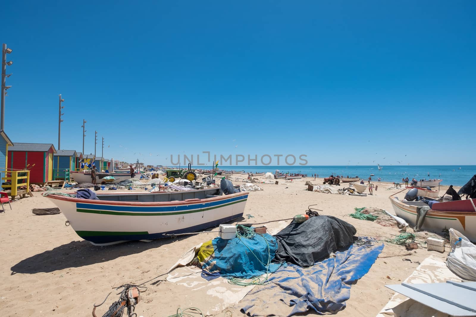 Typical fishermen's huts in the fishing village of La Antilla, in Huelva, Andalusia. Spain