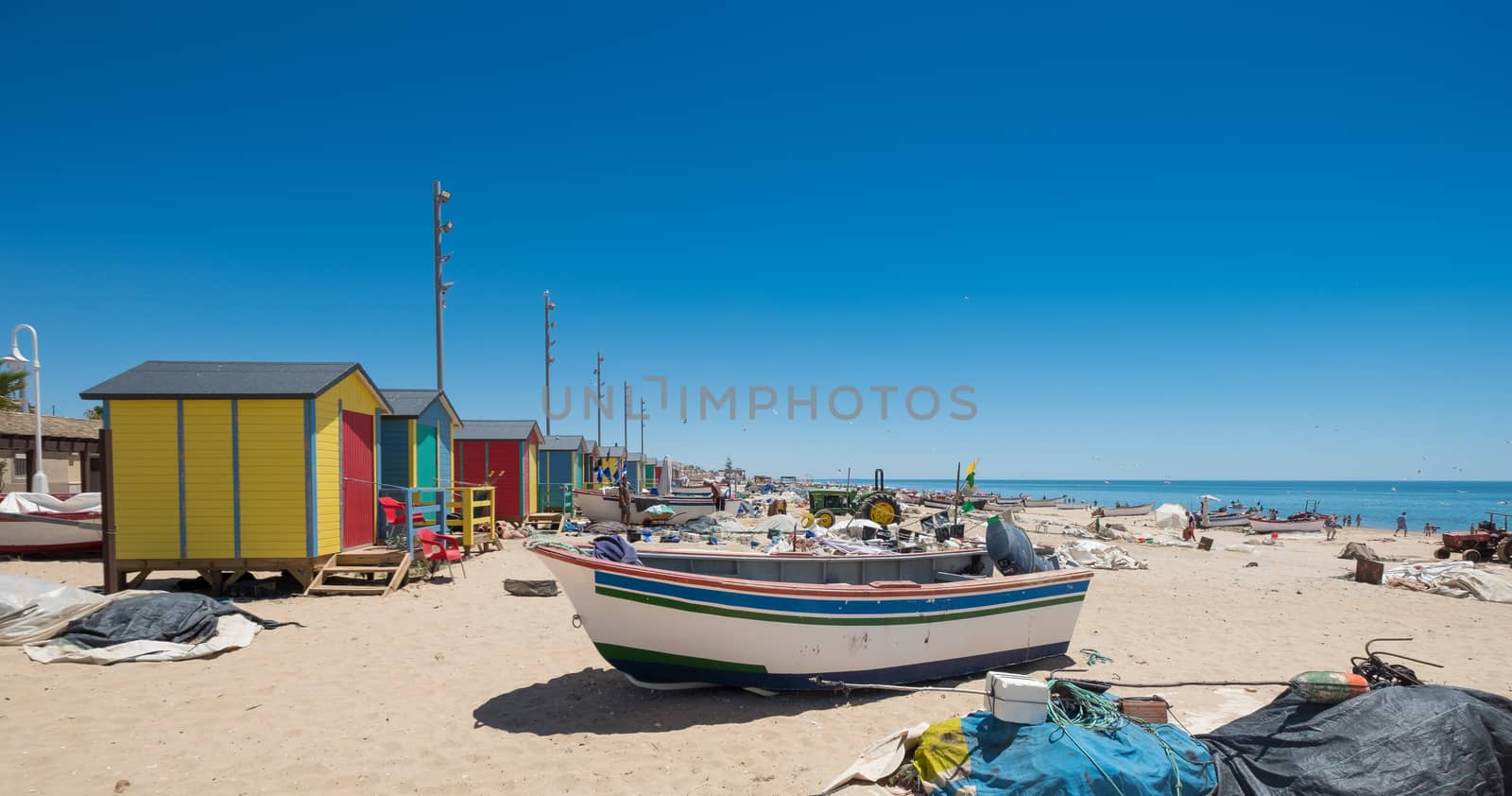 Typical fishermen's huts in the fishing village of La Antilla, in Huelva, Andalusia. Spain