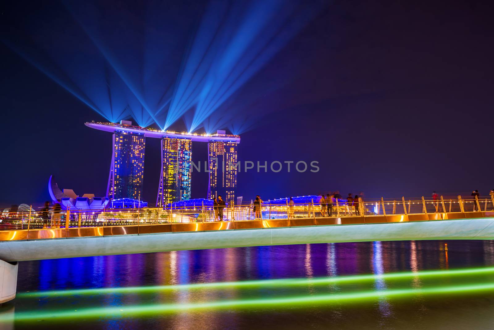 SINGAPORE CITY, SINGAPORE - MARCH 3, 2019: Spectra Light and Water Show Marina Bay Sand Casino Hotel Downtown Singapore 