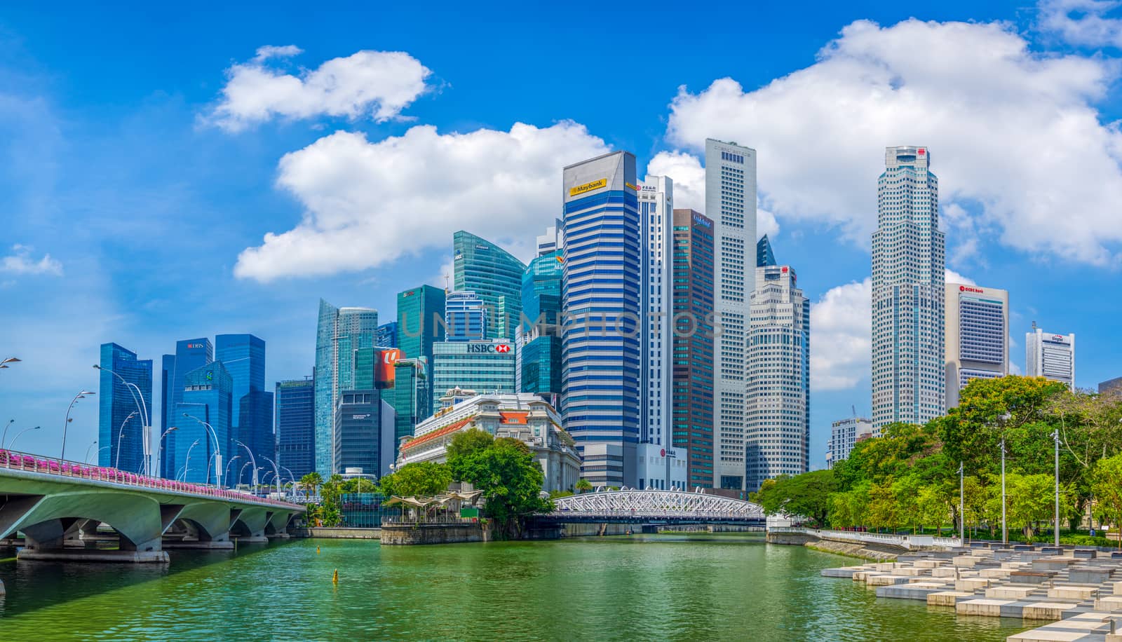 Singapore, Singapore - APRIL 3, 2019: View at Singapore City Skyline, which is the iconic landmarks of Singapore