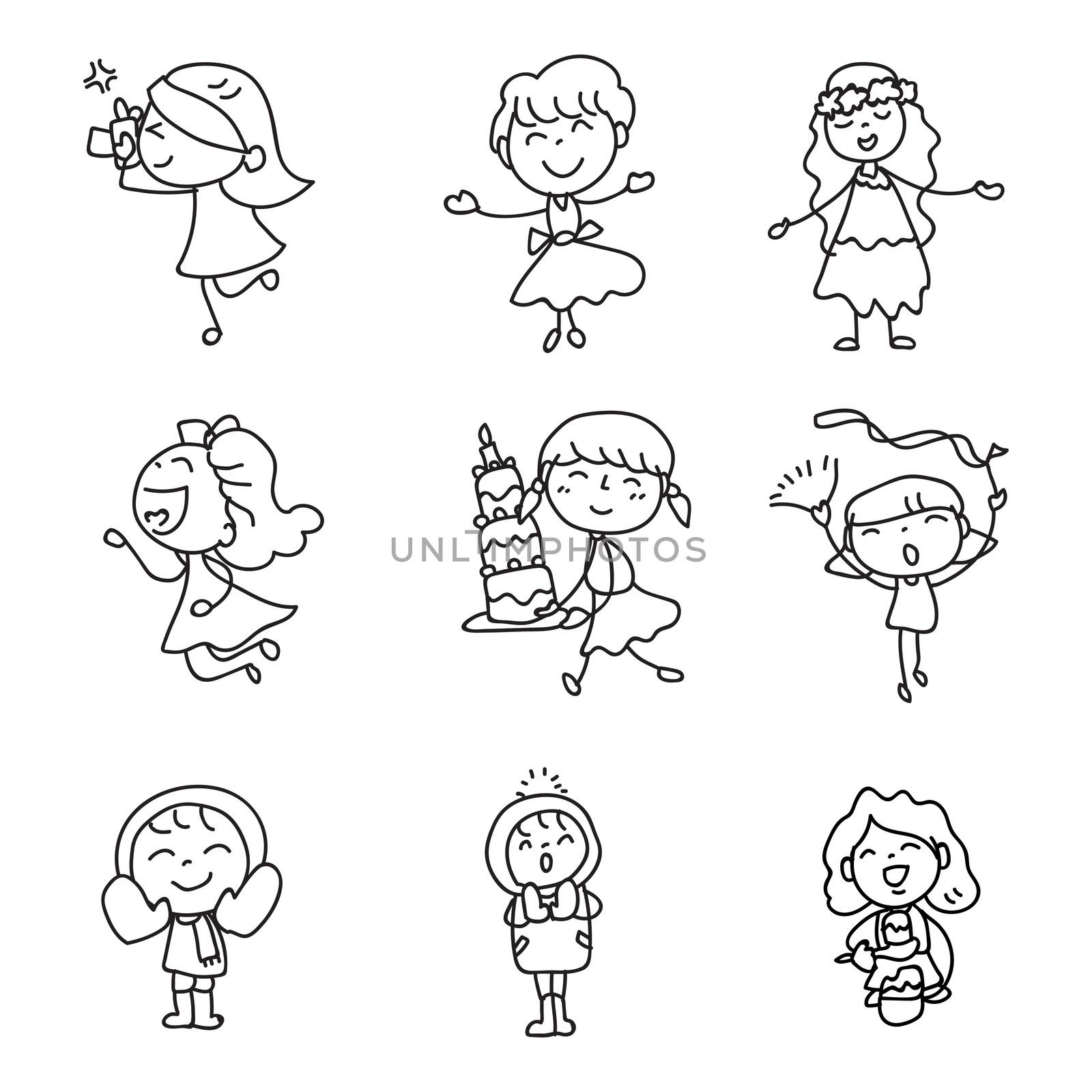 children illustration hand drawing vector happy kids girls happiness concept abstract cartoon character doodle design style line art. all objects group with white filled. ready to use as clip art.