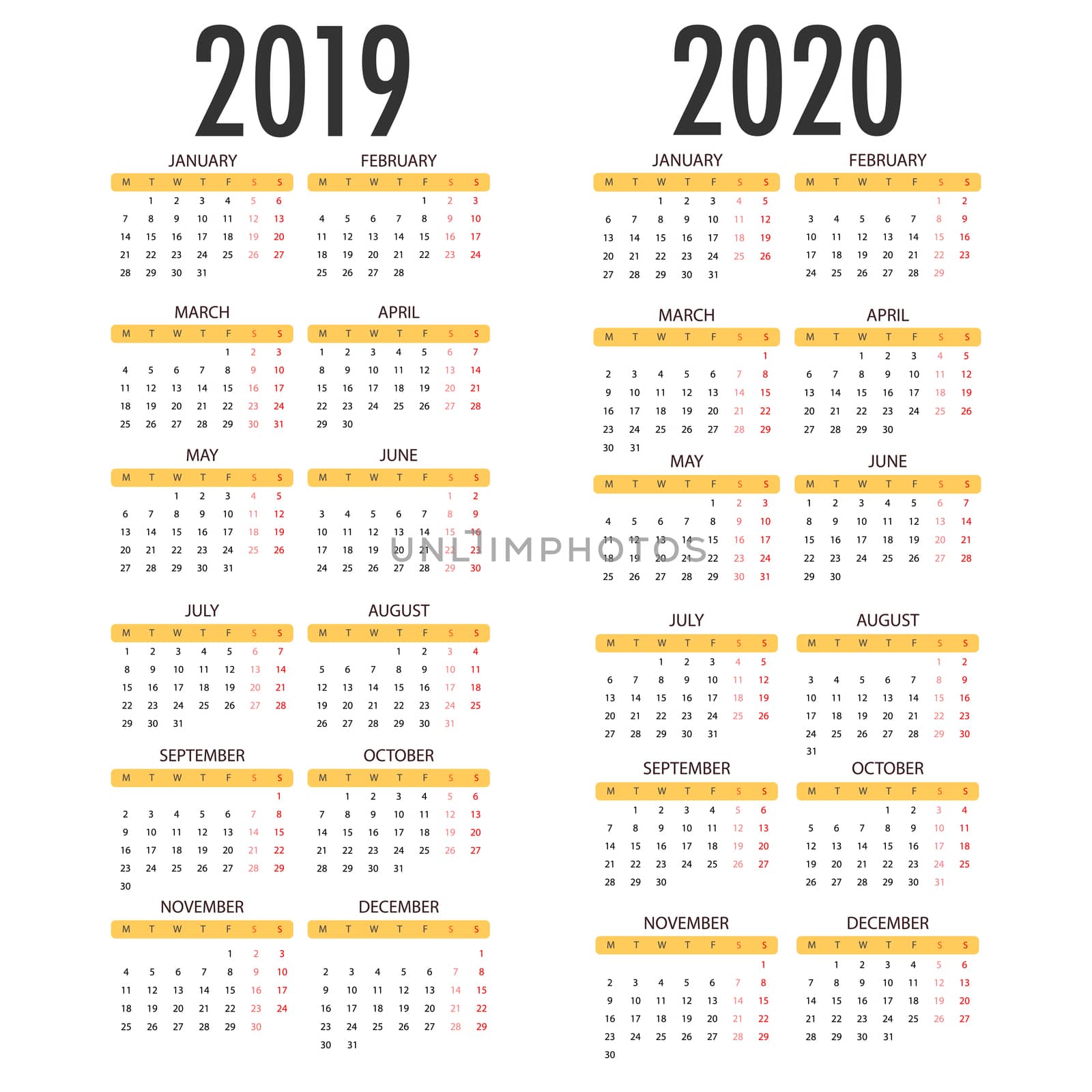 Calendar for 2019 2020 on white background. Week Starts Monday. Simple Vector Template