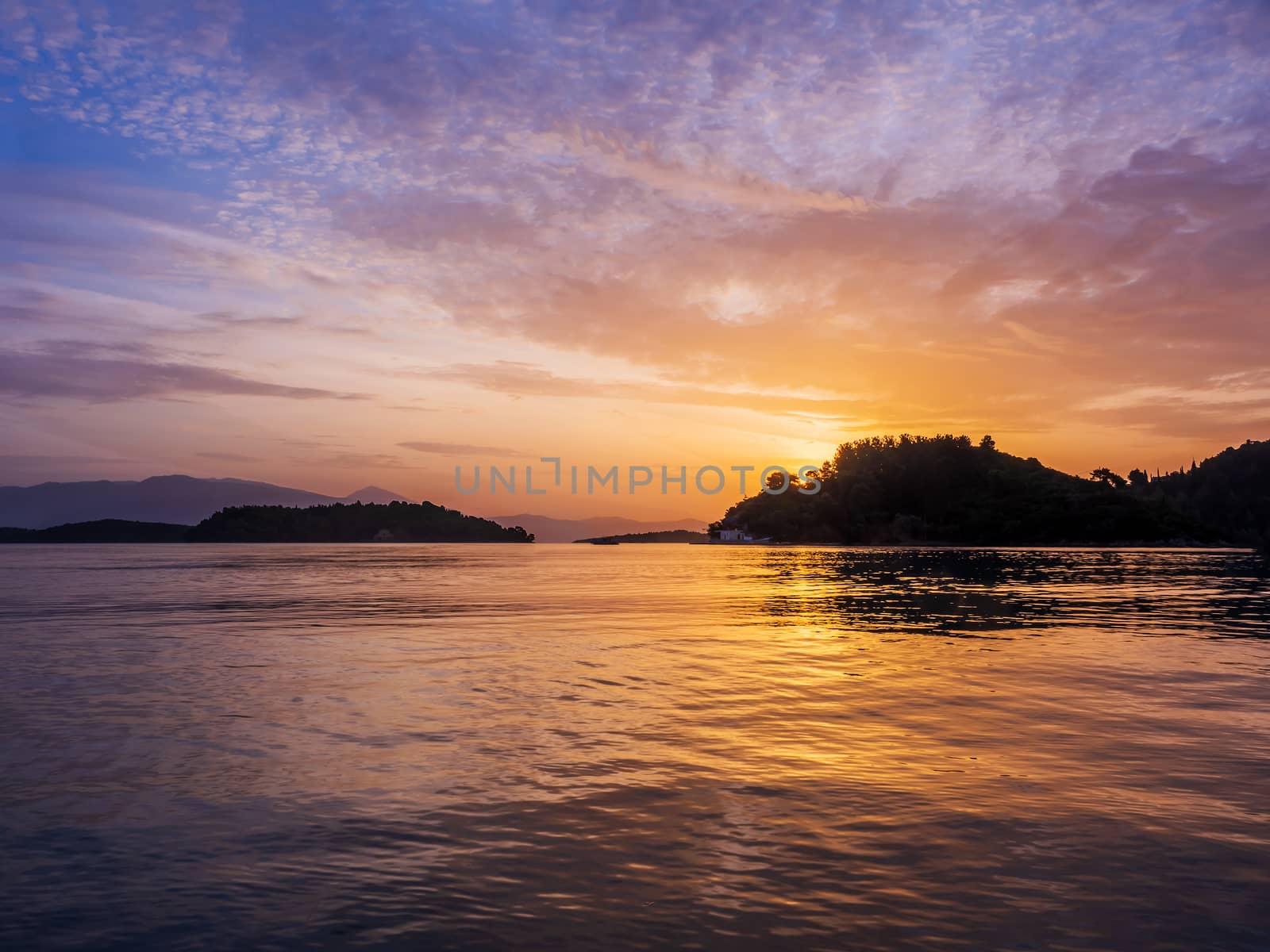Sunrise on the bay of Nidri in Lefkas Ionian  island Greece