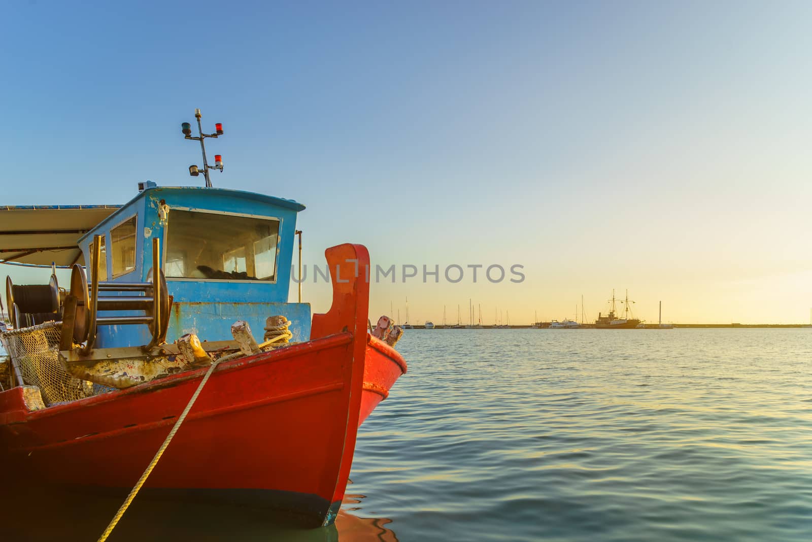 wooden fishing boat moored in port of Zante town. Zakynthos Greek island in the Ionian Sea