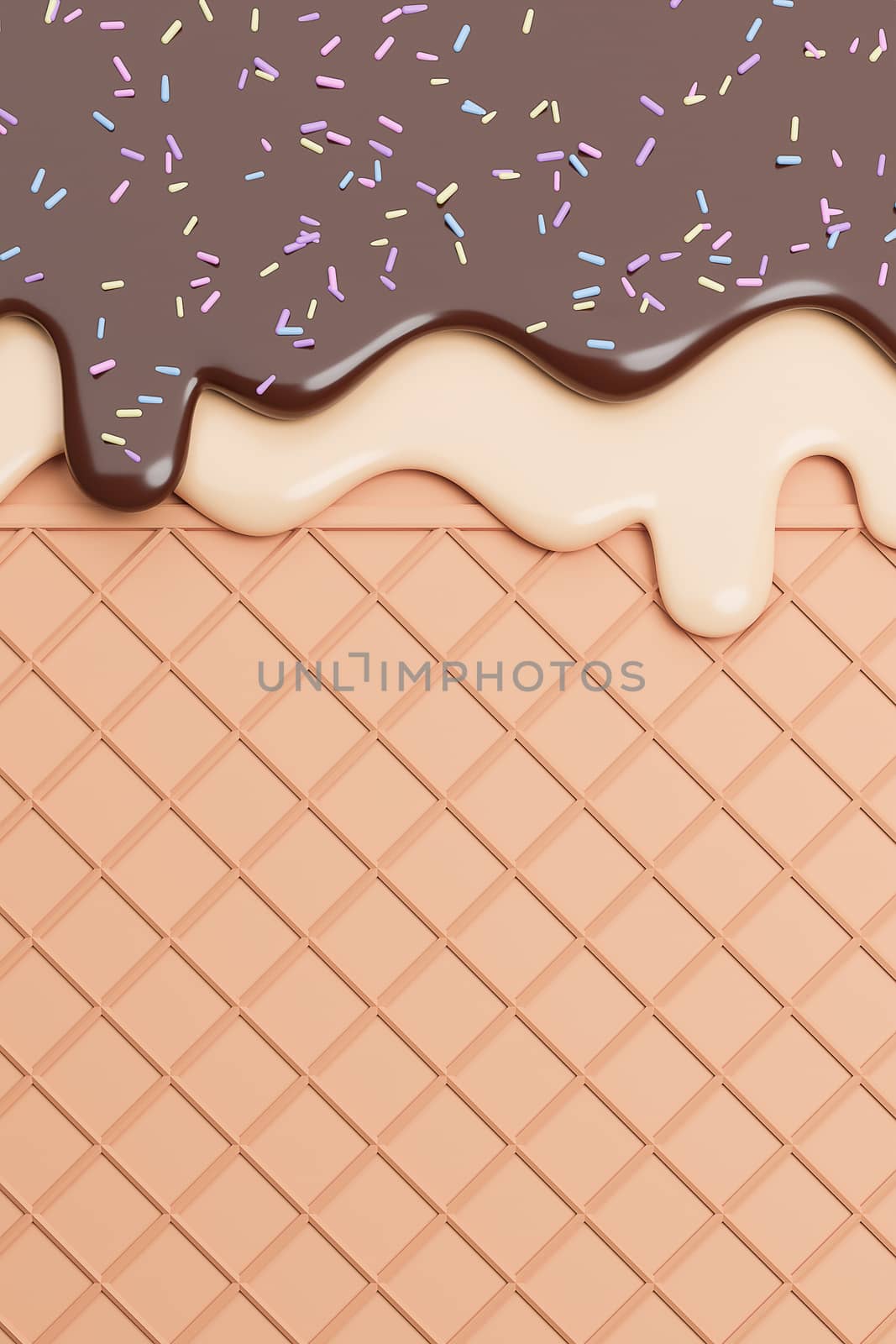 Chocolate and Vanilla Ice Cream Melted with Sprinkles on Wafer Background.,3d model and illustration.