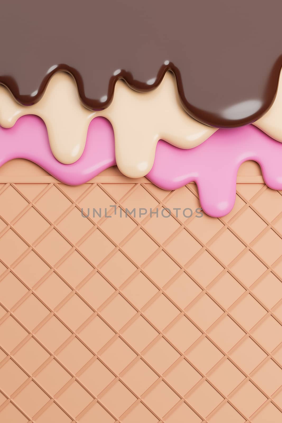 Chocolate and Vanilla and Strawbery Ice Cream Melted on Wafer Background.,3d model and illustration. by anotestocker