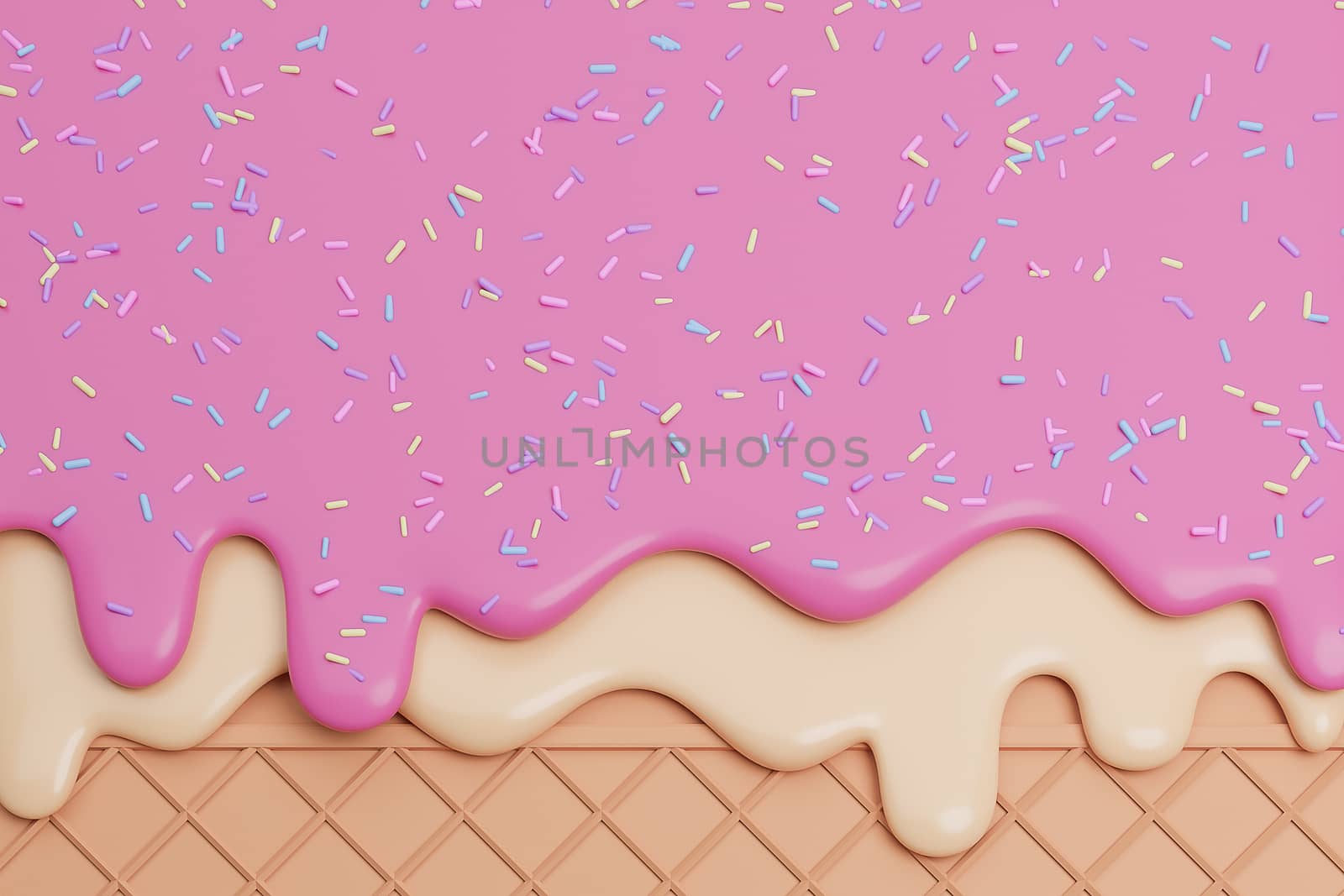 Strawbery and Vanilla Ice Cream Melted with Sprinkles on Wafer Background.,3d model and illustration.