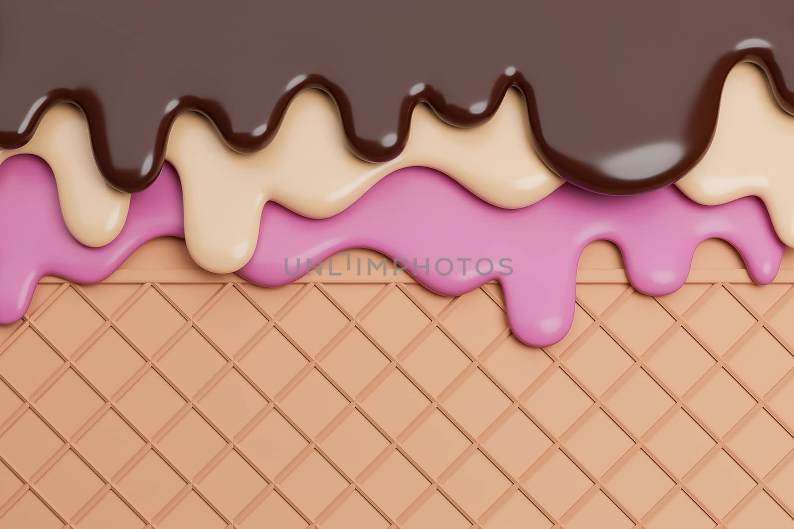 Chocolate and Vanilla and Strawbery Ice Cream Melted on Wafer Background.,3d model and illustration. by anotestocker