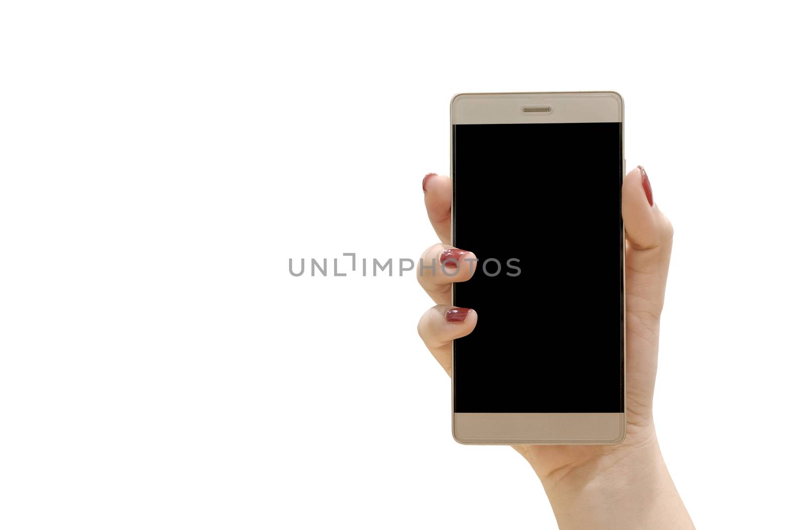 Woman hand holding smart-phone isolated on white background. with clipping path