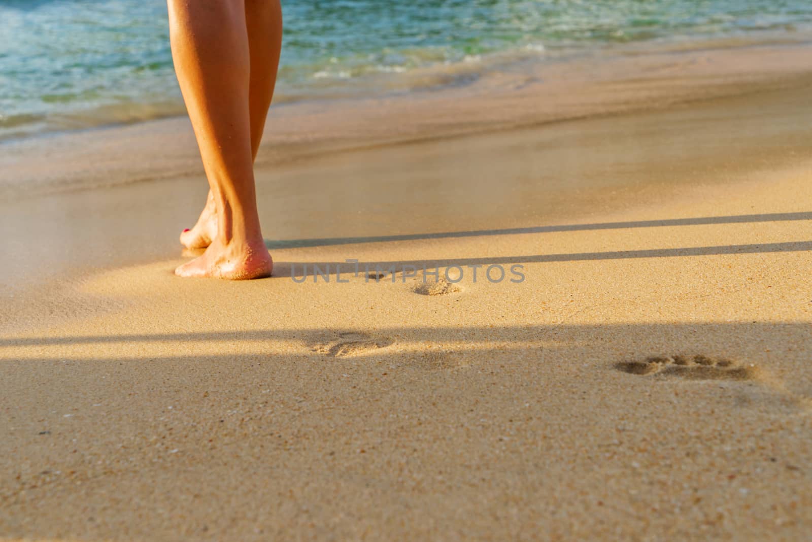 Beach travel - woman relaxing walking on sand beach leaving footprints in the sand. Closeup detail of female feet and legs on golden sand 