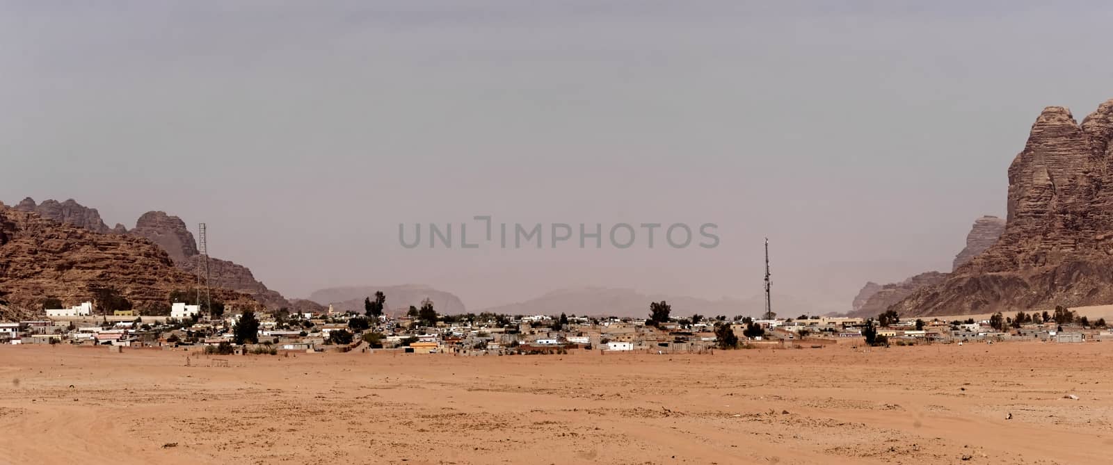 Overview and panorama of the Bedouin village "Wadi Rum Village" on the edge of the Wadi Rum Nature Reserve, Jordan, middle east