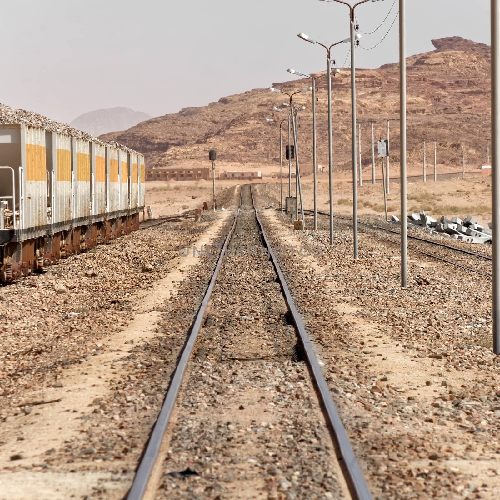 Railway for the steam locomotive, still in use, in the desert of Wadi Rum, Jordan by geogif