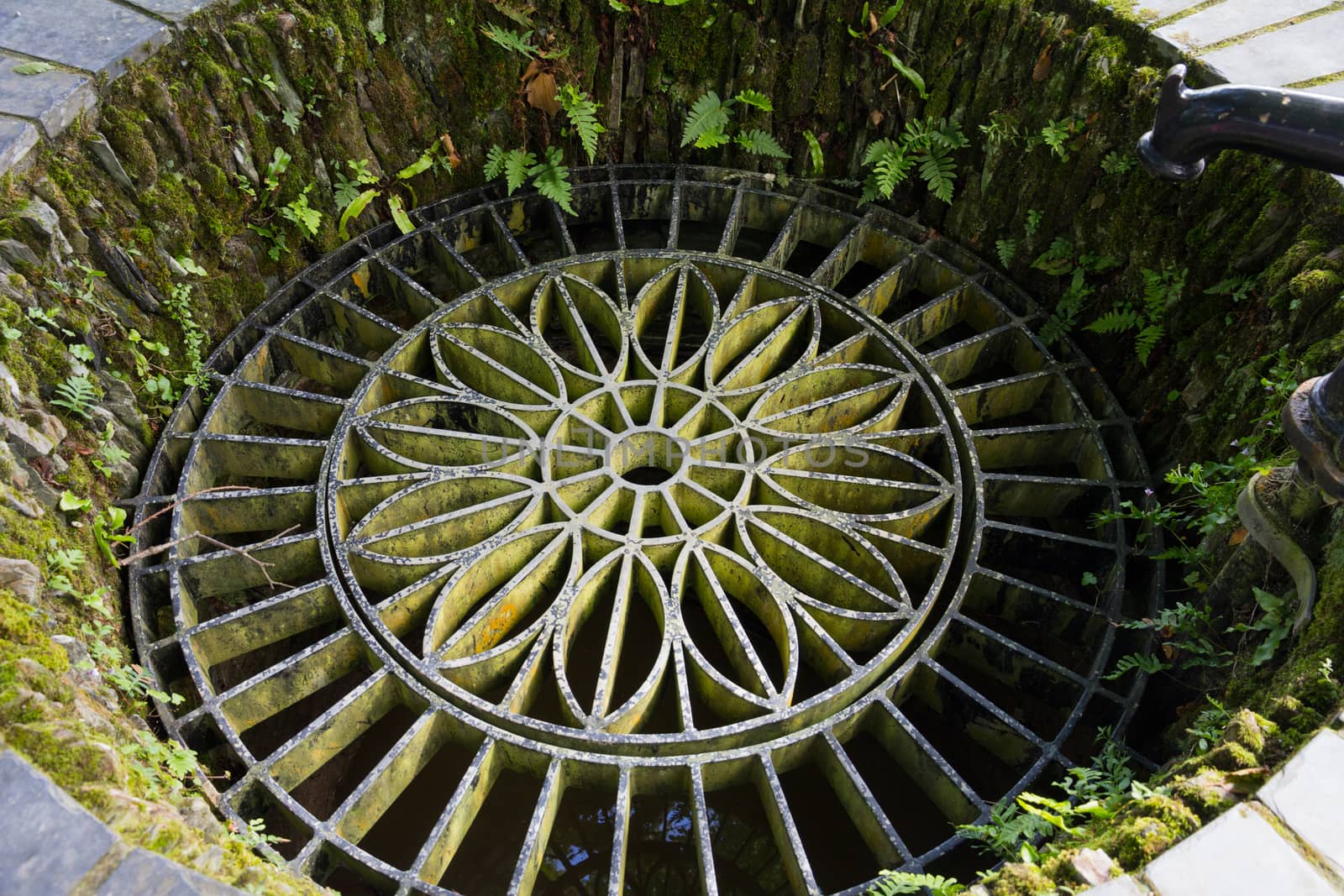 An old garden well with an ornately patterned metal grid