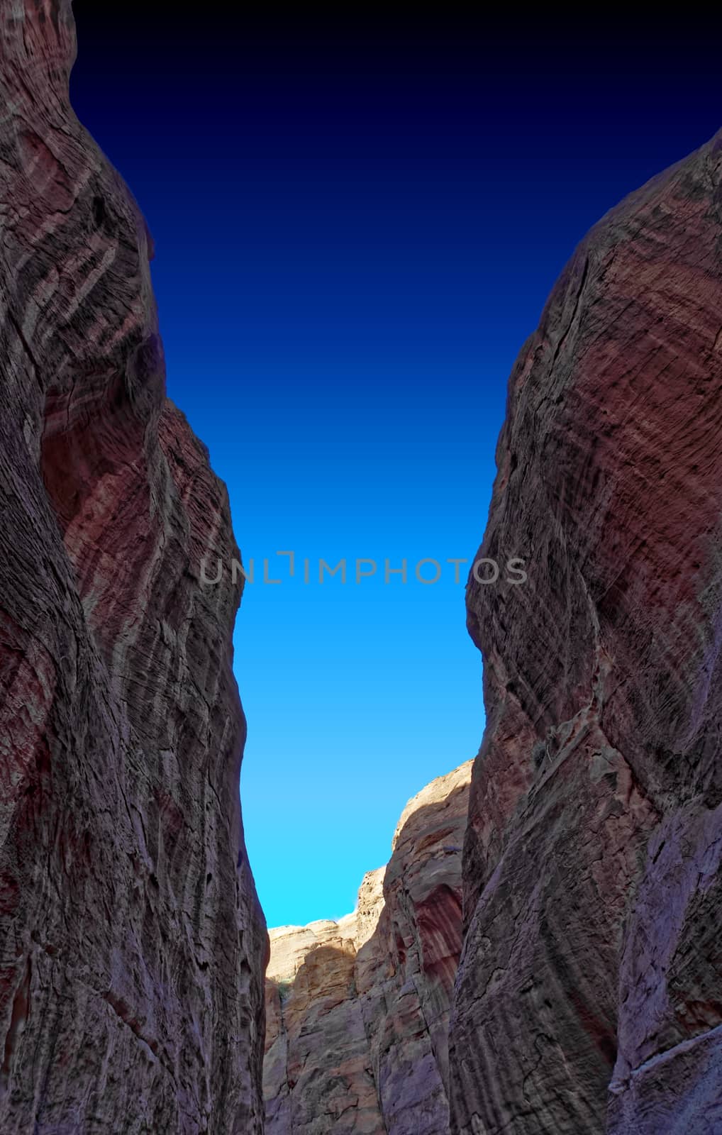 View up from the interior of the Siq leading into the new seventh wonder of the world of Petra in Jordan, middle east