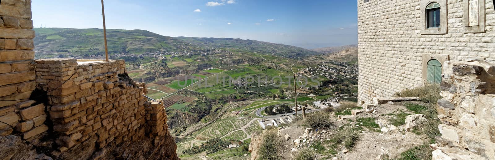 View from the Crusader castle to a small Jordanian village, a suburb of the big city Karak by geogif