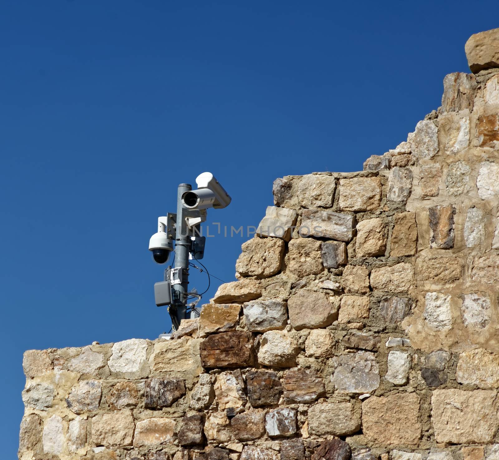 Modern video surveillance system on the old walls of the crusader fortress of Karak by geogif