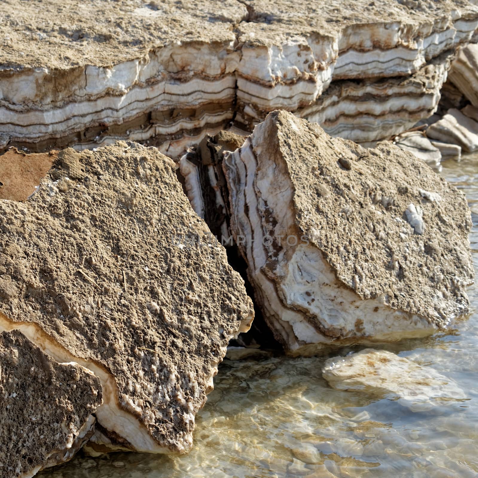 Salt plates with intermediate thin layers of mud on the Dead Sea coast in Jordan, middle east