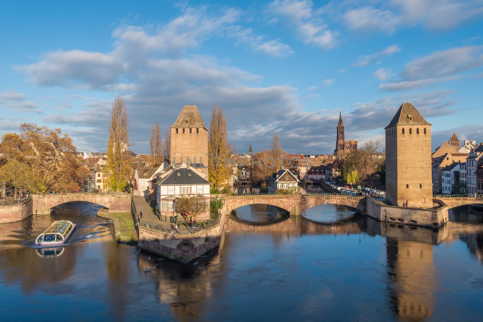 medieval bridge Ponts Couverts from the Barrage Vauban in Strasbourg France