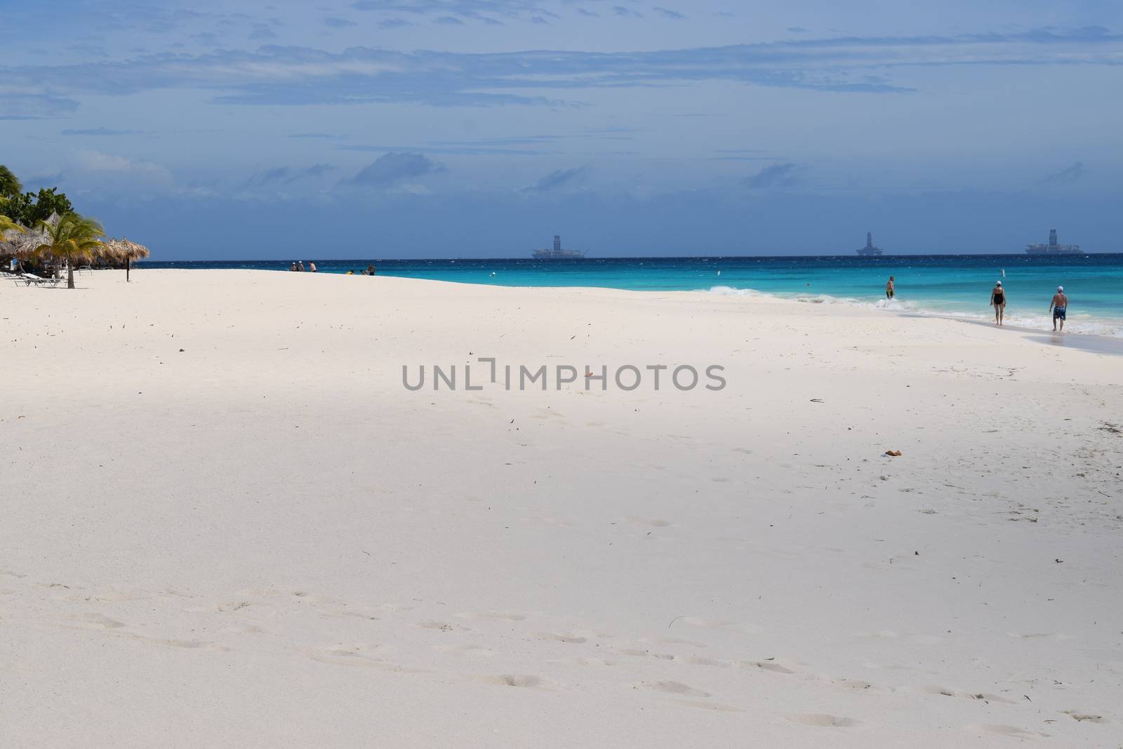 Panoramic view of the beach of Aruba, famous for palm trees and turquoise water