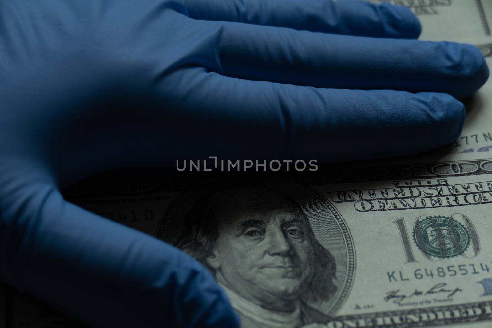Blue rubber glove and 100 dollar bill coronavirus by L86