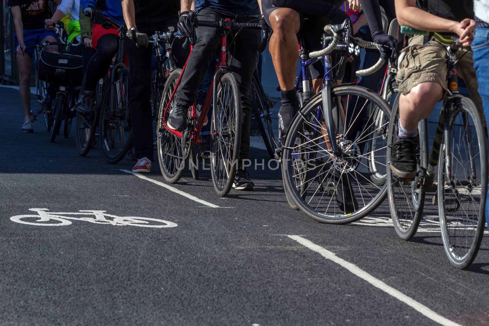 London cyclists commuting along a cycle lane during the morning rush hour