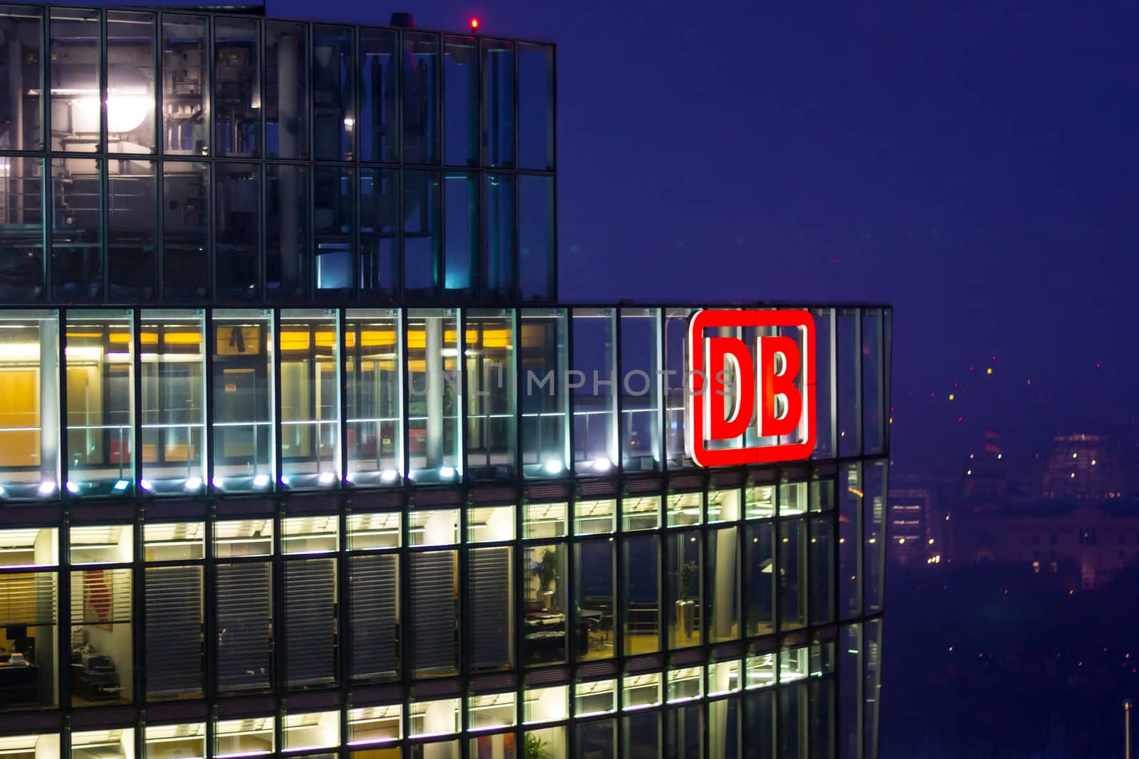 Berlin, Germany, February 2013: Deutsche Bahn, DB, office illuminated at night