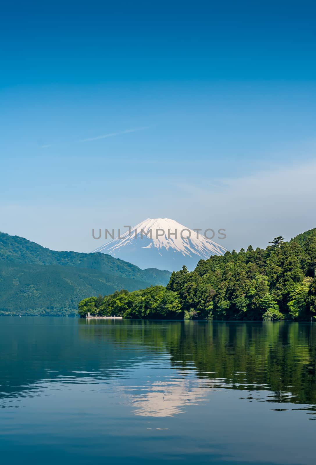 Shores of Lake Ashi and Mount Fuji from Moto-Hakone in Japan