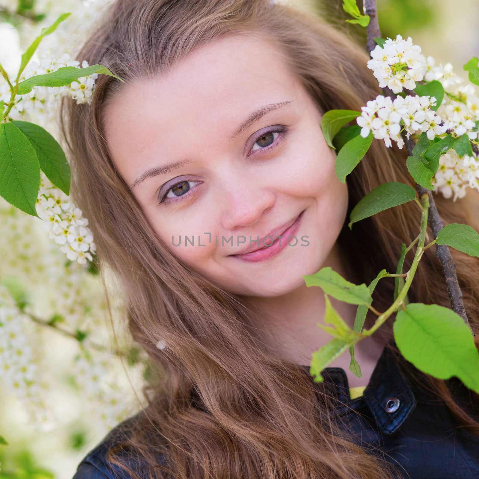 Portrait of a girl with blooming bird-cherry tree by jaspe