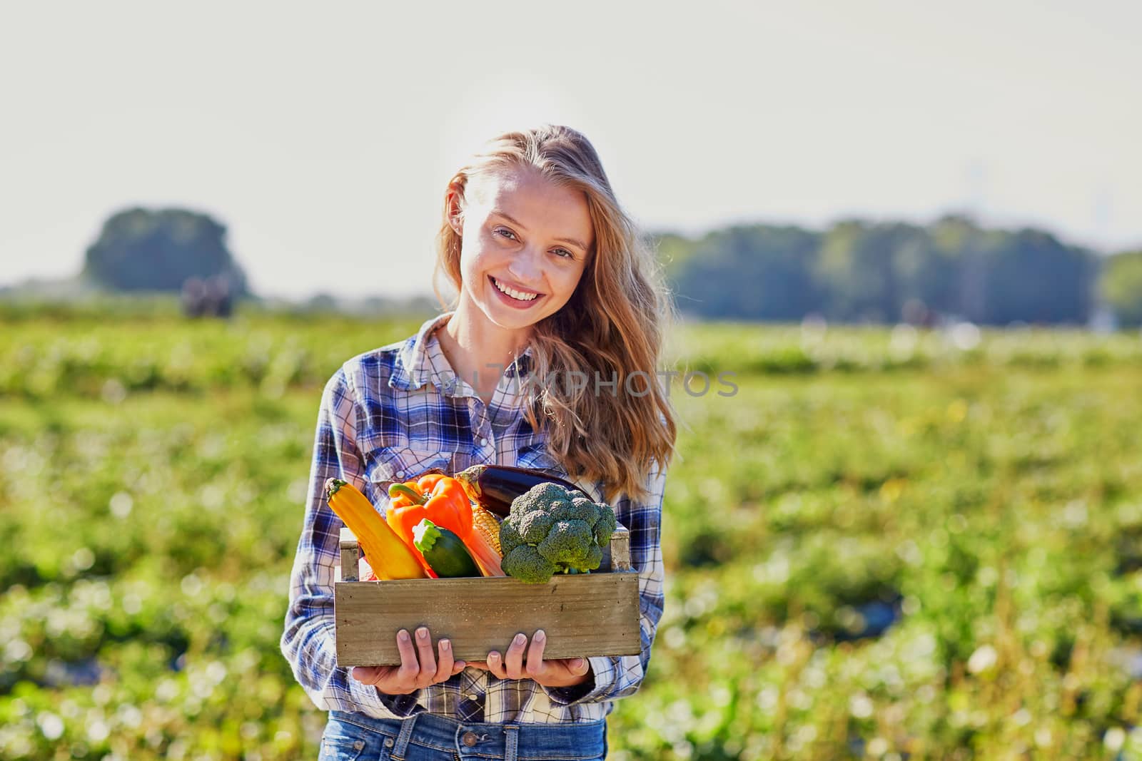 Woman holding wooden crate with fresh organic vegetables from farm