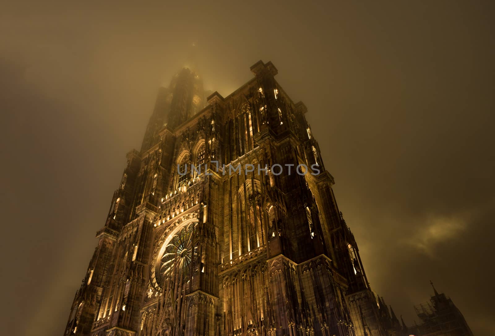 Cathedral of Notre-Dame in Strasbourg at night in the fog