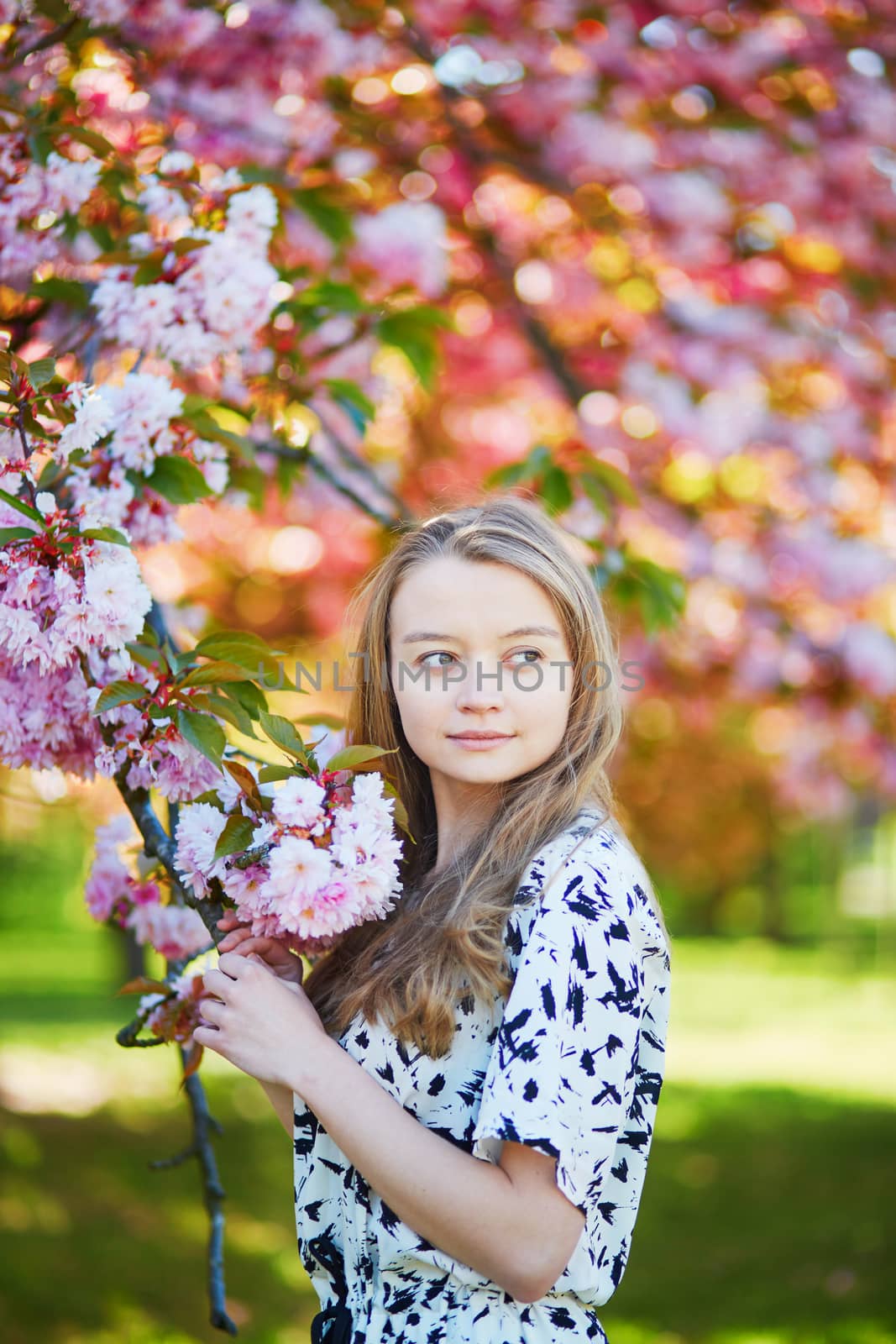 Beautiful young woman enjoying sunny day in park during cherry blossom season on a nice spring day